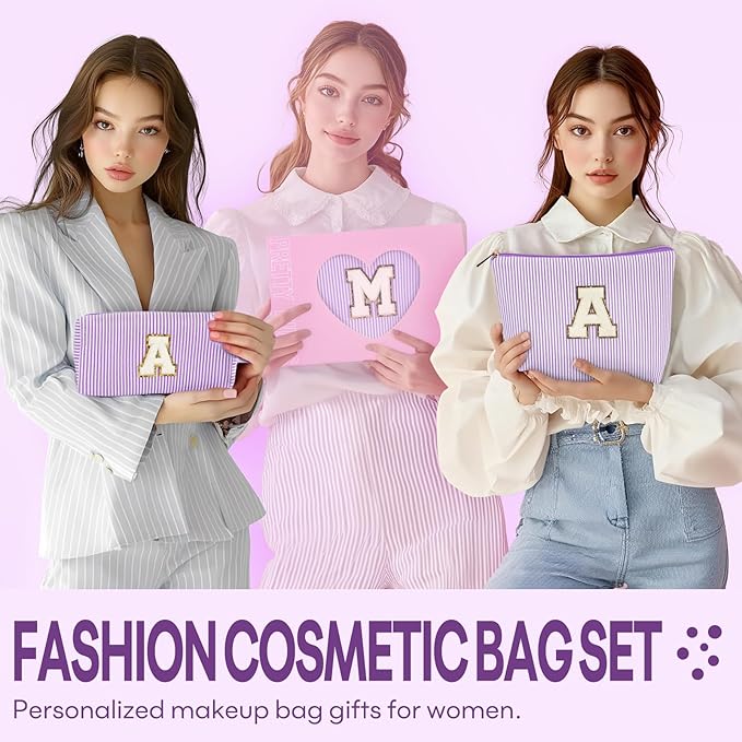 2 PCS Initial Makeup Bags for Women: Cosmetic Bag for Travel Toiletry - Birthday Gifts for 11 12 13 14 15 16 17 18 Years Old Girl Graduation Teacher Gift- Teen Girl Gifts Trendy Stuff - Purple R