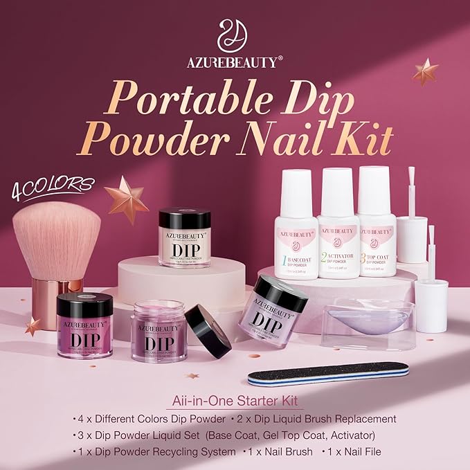 Dip Nails Powder Starter Kit, AZUREBEAUTY 4 Colors Intellectual lady Brown Purple Dipping Powder Set with Base & Top Coat Activator Recycling Tray for French Nail Art Manicure Salon DIY at Home