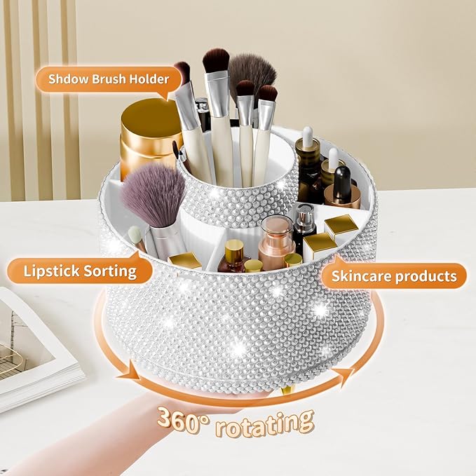 Bling 360° Rotate Makeup Brush Holder Organizer, Makeup Organizers Countertop, Makeup organization and Skincare Storage for Vanity, Gift for Women Girls (Bling dz-White)