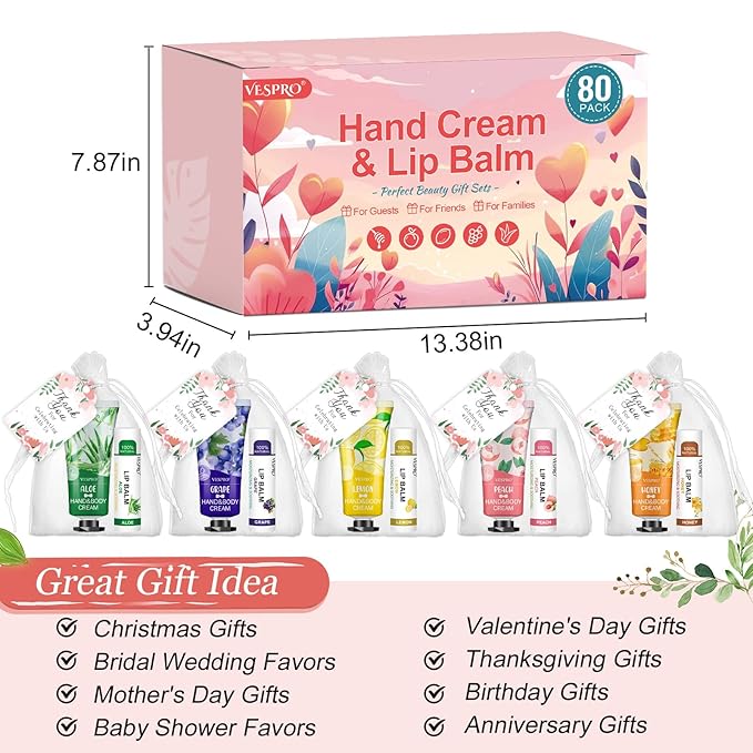 80 Sets Bulk Hand Cream and Bulk Lip Balm Gifts, Bridesmaid Gifts, Baby Shower Party Favors and Bridal Shower Gifts for Guests with Thank You Card Organza Bags, Thank You Gifts for Coworkers Women