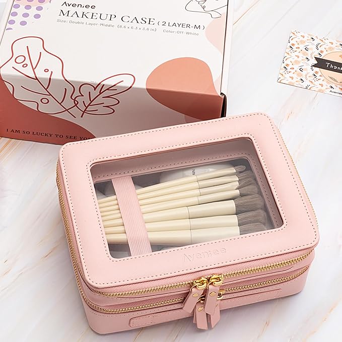 Aveniee Large Clear Makeup Bags, Double Layer Cosmetic Bags with Separate Brush Compartment, Travel Toiletry Bag Cosmetic Train Case, Travel Accessories Organizer for Women(2 Layers, Pink)