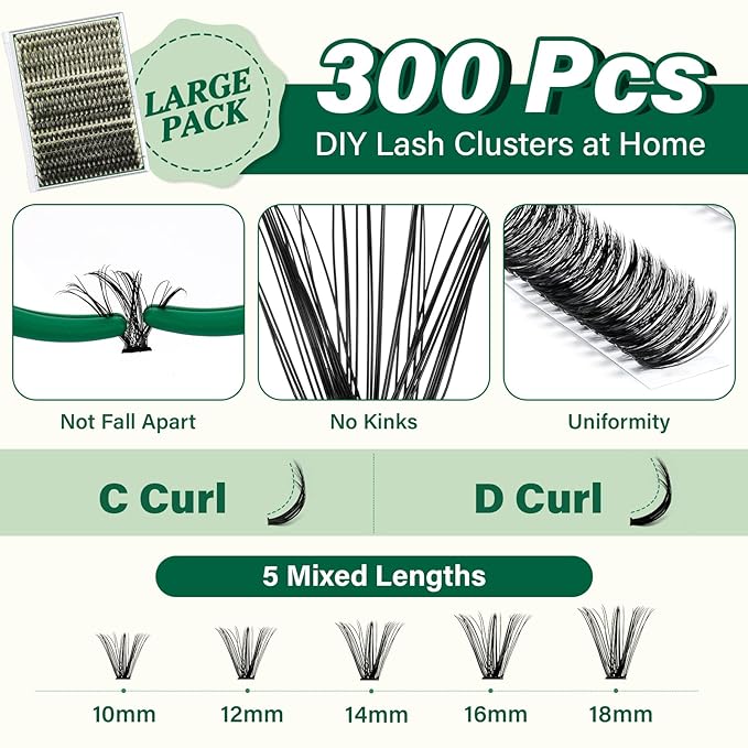 DIY Lash Extension Kit KEYYOU 300Pcs Individual Eyelash Extension Kit 30D40D50D 0.07D Curl 9-18MIX Lash Clusters Kit with Lash Glue Remover Applicator Easy to Use(Kit-30D40D50D-D-9-18MIX)