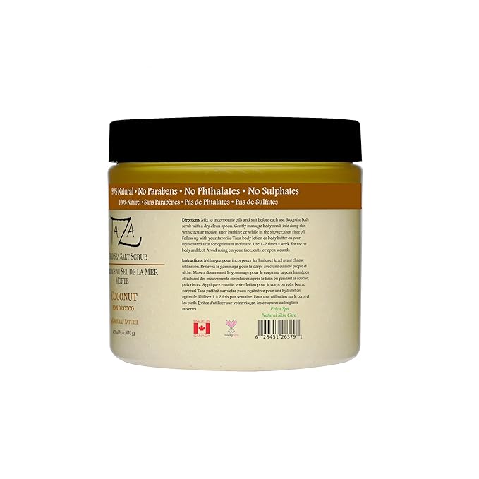 Premium Taza Coconut Dead Sea Salt Scrub, 473 ml 24 oz (670 g) Exfoliates Your Skin Leaving it Soft and Hydrated Contains: Coconut Oil, Shea Butter, Grapeseed Oil, Sweet Almond Oil, 26 Minerals