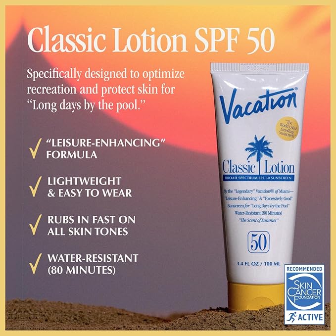 Vacation Classic Sunscreen Lotion SPF 50 & Air Freshener Bundle, Water-Resistant, Lightweight, Transparent on All Skin Tones, Dermatologist-Tested, Vegan, Travel Size, 3.4 Fl. Oz.