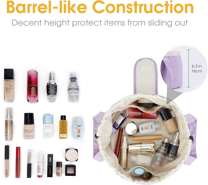 Narwey Barrel Drawstring Makeup Bag Large Cosmetic Bag Make up Bags Toiletry Bag Travel Bags for Toiletries Organizer for Women Gift for Teen Girls (Purple) (Patent)