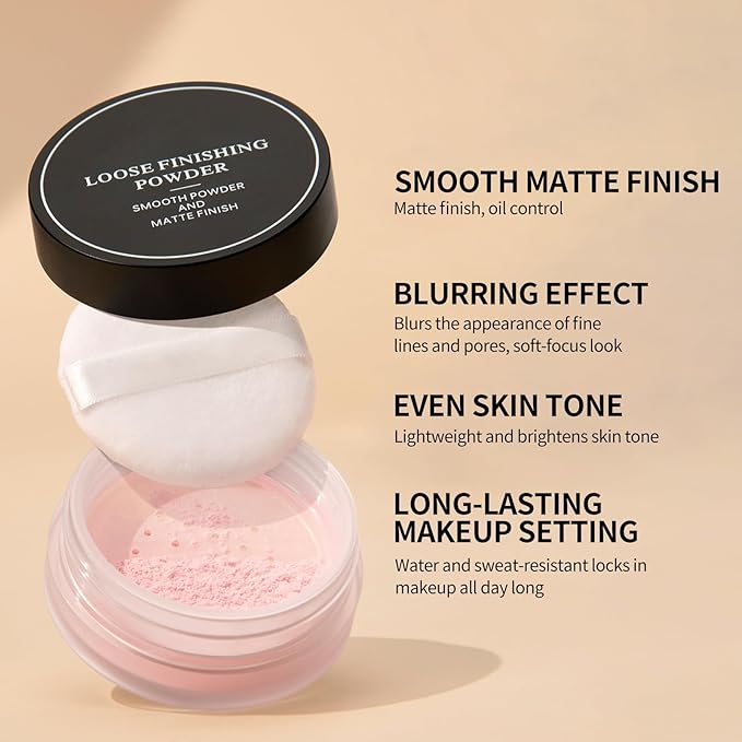 Erinde Blurring Setting Powder, Loose Face Powder with Finishing Powder Puff, Matte Finish, Lightweight, Long-Lasting, Soft Focus Natural Face Makeup for Uneven Skin Tone, White
