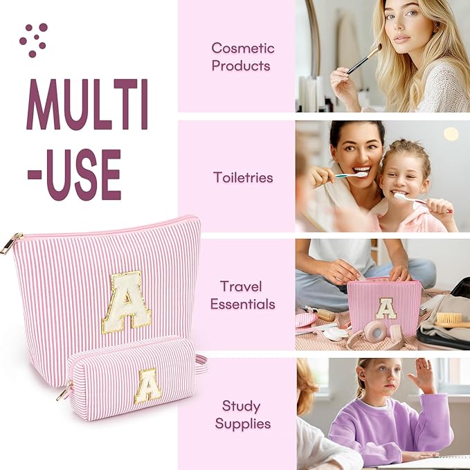 2 PCS Initial Makeup Bags for Women: Cosmetic Bag for Travel Toiletry - Birthday Gifts for 11 12 13 14 15 16 17 18 Years Old Girl Graduation Teacher Gift- Teen Girl Gifts Trendy Stuff - Light Pink K
