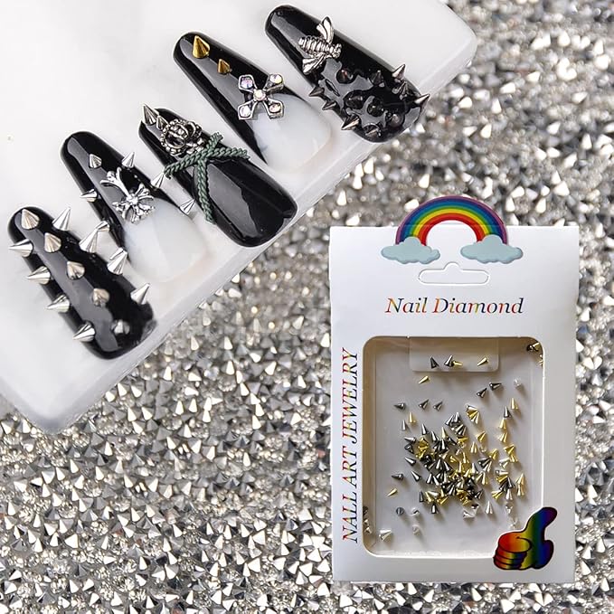 100Pcs Unique Cone Nail Art Studs, 3D Chrome Conic Nail Charms, Punk Vintage Mixed Shapes Nail Accessories, Mixed Color Gothic Retro Nail Rhinestones for DIY Nail Art Designs Supplies (Mixed Cone)
