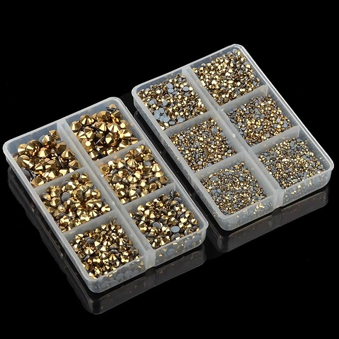 10000Pcs 2-Boxes Mixed Size Hot Fix Round Crystals Gems Glass Stones Hotfix Flat Back Rhinestones with Tweezers and Picking Pencil (Mine Gold)