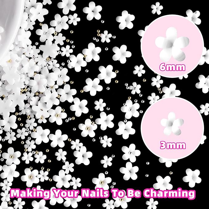 1000 Pcs White Flowers Nail Charms, Small Flower Charms for Nails, Mixed Spring Tiny Flowers Acrylic Nail Charm with Metal Golden Beads for Nails Art DIY Jewels Accessories