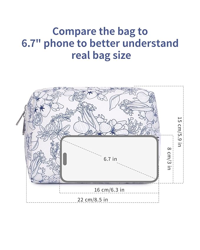 Narwey Cute Floral Makeup Bag Travel Cosmetic Bag Organizer Toiletry Bag Make Up Bags with Organized Pocket for Women Girls (Large,Navy Blue Flower)