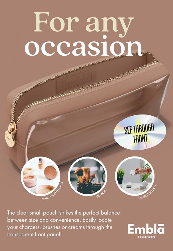 Embla Clear Cosmetic Bag Makeup Case, Clear Zipper Make Up Pouch and Toiletry Travel Tote, Cute Skincare Pouches for Women Girls, Preppy Purse Cosmetic Organizer, Small Makeup Bags, Mocha Mousse