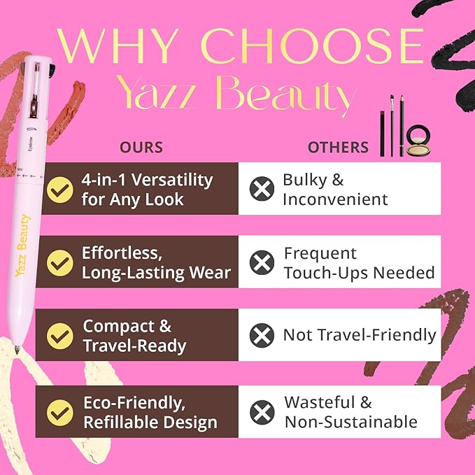 YazzBeauty - 4 in 1 Makeup Touch Up Pen with Brown Mauve Lip Liner, Black Eyeliner, Dark Brown Eyebrow Pencil, and Champagne Gold Highlighter, Compact Beauty Pen, Smudge Proof, Vegan, Cruelty-Free