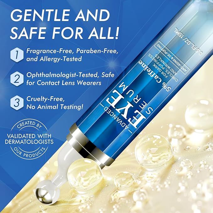 5% Caffeine Eye Cream for Dark Circles and Puffiness, Under Eye Serum for Wrinkles, Eye Serum for Under Eye Bags Fine Lines with 360° Eye Massage Ball, Morning Night Eye Skin Care for Men and Women