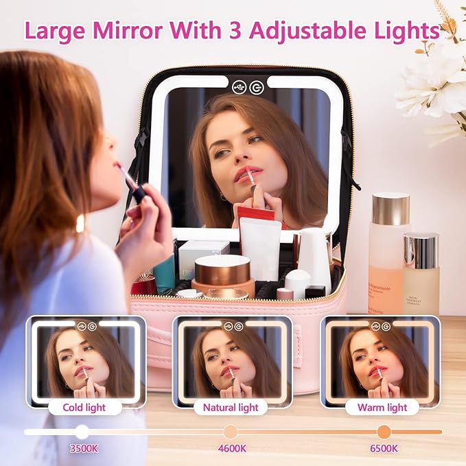VANMRIOR Travel Makeup Bag with LED Lighted Make up Case with Mirror 3 Color Setting Cosmetic Makeup Box Organizer Vanity Case for Women Beauty Tools Accessories Case Rechargeable