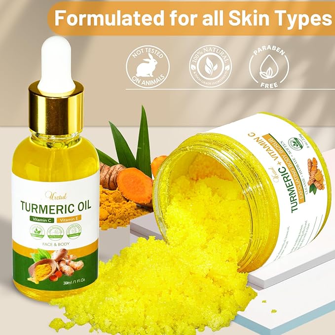 Turmeric Body Scrub Tumeric Oil Set, Natural Soothing Remove Dead Skin For Body, Face, Hand, Foot, Skincare Bikini Private Area, Smooth Hydrating Exfoliating Scrub Suitable for All Skin Types