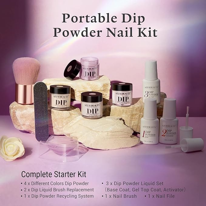 Dip Nails Powder Starter Kit, AZUREBEAUTY 4 Colors Intellectual lady Brown Purple Dipping Powder Set with Base & Top Coat Activator Recycling Tray for French Nail Art Manicure Salon DIY at Home