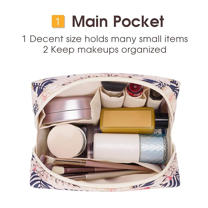 Narwey Small Makeup Bag for Purse Mini Cosmetic Bag Travel Makeup Pouch Zipper Pouch Cute Make up Bags with Compartments for Women Girls (Beige Flamingo, Small)