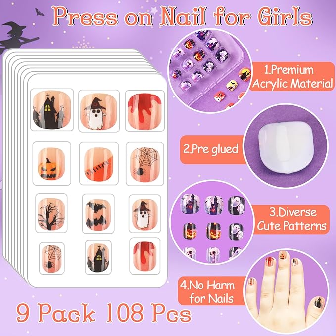 108Pcs Halloween Fake Press on Nails for Kids, Acrylic Full Cover False Press on Nails Girls Stick on Nails for Kids Children Halloween Birthday Party Favors Gift Nail Art Decoration(9 Pack)