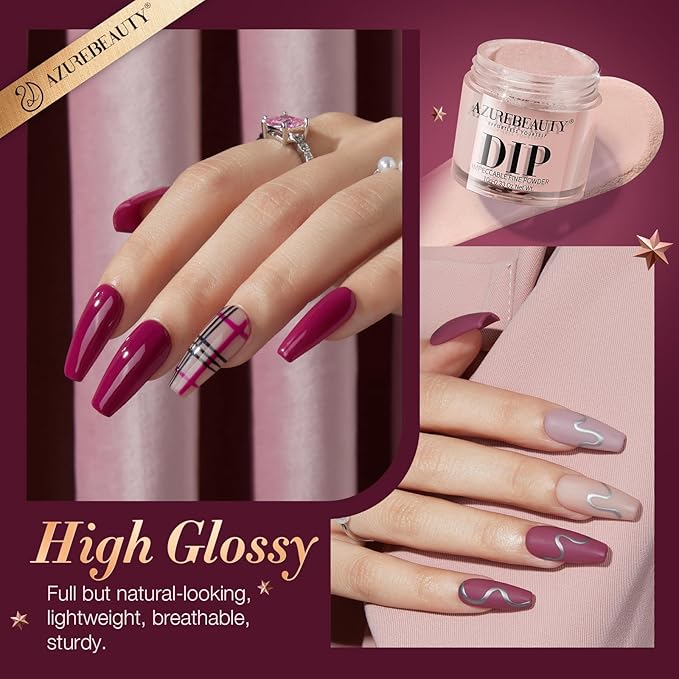 Dip Nails Powder Starter Kit, AZUREBEAUTY 4 Colors Intellectual lady Brown Purple Dipping Powder Set with Base & Top Coat Activator Recycling Tray for French Nail Art Manicure Salon DIY at Home