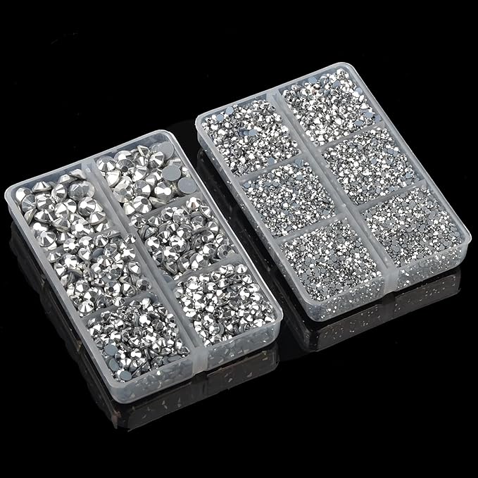 10000Pcs 2-Boxes Mixed Size Hot Fix Round Crystals Gems Glass Stones Hotfix Flat Back Rhinestones with Tweezers and Picking Pencil (Labrador Silver)