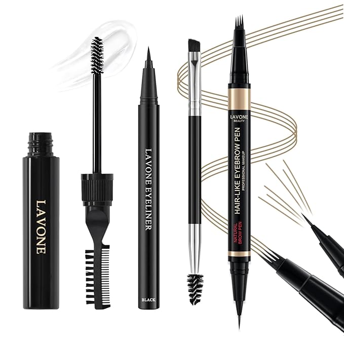 Microblading Eyebrow Pen Kit - Waterproof Brow Makeup Set with Eyebrow Pencil, Eyebrow Gel Clear, Eyeliner, Dual-ended Eyebrow Brush, Natural Looking Brows with Long-Lasting All-Day Hold - Blonde