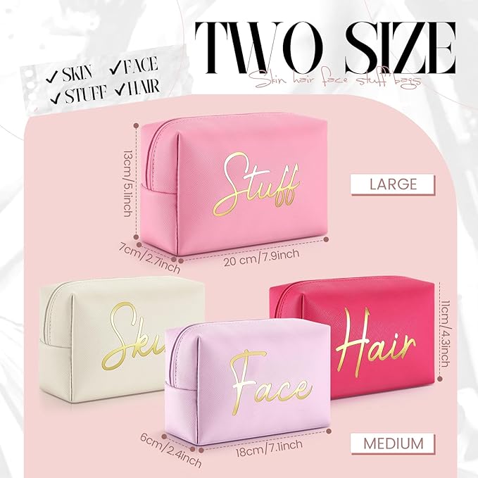 Aliceset 4 Pcs Preppy Makeup Bags Set Cute Travel Cosmetic Pouch Face Skin Hair Stuff Aesthetic Makeup Bags, PU Leather Waterproof Zipper Toiletry Pouch Gifts for Women Girl(Bright Pink)