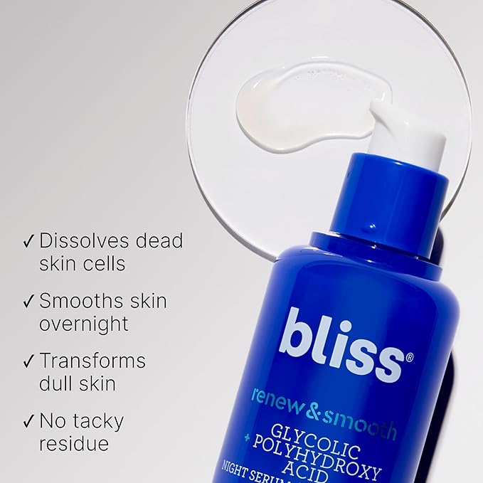 Bliss Renew & Smooth Night Face Serum | Resurfacing Treatment with Glycolic Acid and AHA Glycolic + Polyhydroxy Acid | for Smoother, Brighter Skin | Vegan & Cruelty-Free Exfoliating Serum | 1 Fl Oz