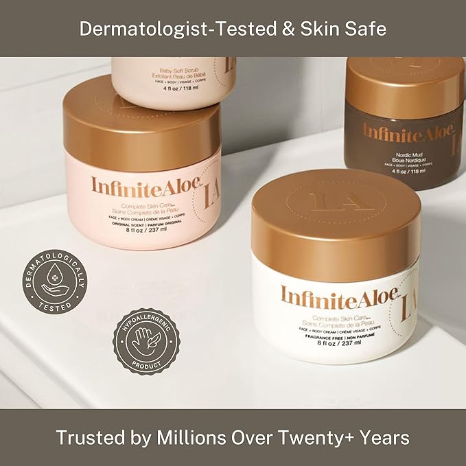 InfiniteAloe Complete Skin Care, Aloe Vera Powered Face and Body Cream for All Skin Types, Dry Skin Everyday Hero, Original Scent - 4 Large Jar 8 oz & 4 Travel Jar 0.5 oz