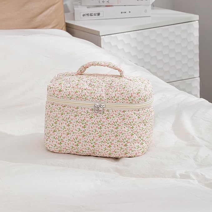 uekeboag Large Travel Quilted Makeup Bag for Women, Floral Cotton Cosmetic Bag, Coquette Aesthetic Floral Toiletry Organizer Bag