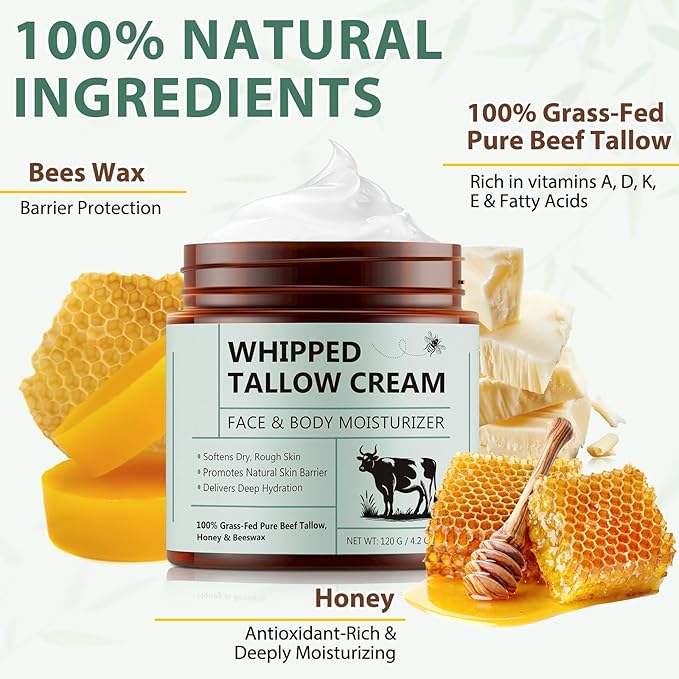 Beef Tallow for Skin, 2pcs Organic Beef Tallow Moisturizer, Grass Fed Beef Tallow for Face and Body with Honey Beeswax, Deeply Moisturizing Unscented Fast Absorption 4.2oz