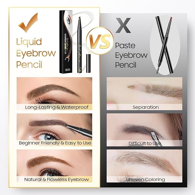 Eyebrow Pencil Eyebrow Microblading Pen - Eye Makeup Brow Pen Liquid Pencil with 4 Micro-Fork Tip, Waterproof & Long-Lasting & Smudge-Proof Brow Pencil, Voluminous Hair Stays on All Day (Black)
