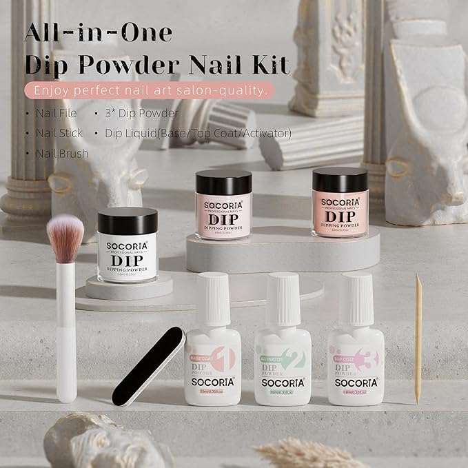 Dip Powder Nail Kit Starter, Gentle Nude Pink Milky White Neutral Skin Color and Dipping Powder Liquid Set with Base Top Coat and Activator for French Nail Art Manicure DIY Salon 9PCS