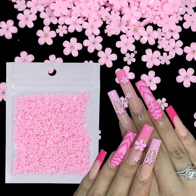 1000 Pcs Pink Colors Acrylic Flower Charms for Nails, Mix Sizes 3D Flowers Nail Charm, Flower Nail Art Charms with Caviar Beads, Blossom Spring Flowers Gems for Nails Art DIY