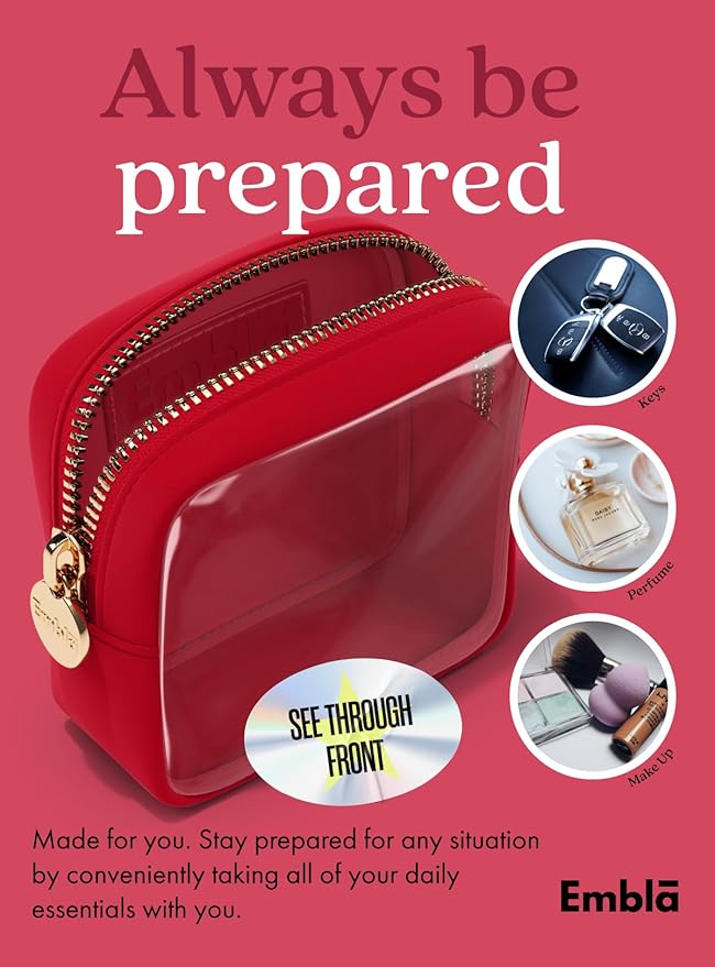 Embla Clear Cosmetic Bag Makeup Case, Clear Zipper Make Up Pouch and Toiletry Travel Tote, Cute Skincare Pouches for Women Girls, Preppy Purse Cosmetic Organizer, Mini Makeup Bags, Ruby Red