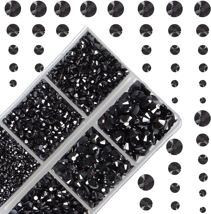 10000Pcs 2-Boxes Mixed Size Hot Fix Round Crystals Gems Glass Stones Hotfix Flat Back Rhinestones with Tweezers and Picking Pencil (Hematite Black)