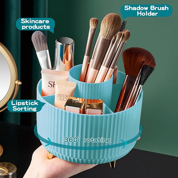 360° Rotate Makeup Brush Holder Organizer, Makeup Organizers Countertop, Makeup organization and Skincare Storage with Gift Box Packing for Vanity, Desktop, Bathroom (Blue)