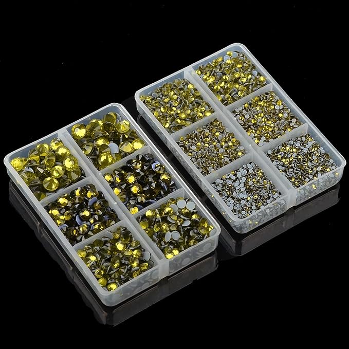 10000Pcs 2-Boxes Mixed Size Hot Fix Round Crystals Gems Glass Stones Hotfix Flat Back Rhinestones with Tweezers and Picking Pencil (Olivine)