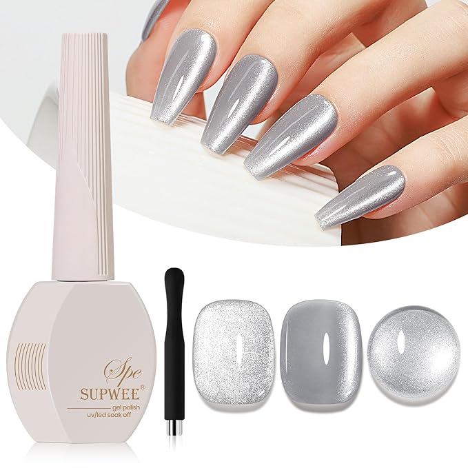 Silver Cat Eye Gel Polish, Magnetic Holographic Gel Nail Polish Glitter Shimmer Gel Polish with Magnet Soak Off U V Gel Salon DIY at Home, 0.5 OZ