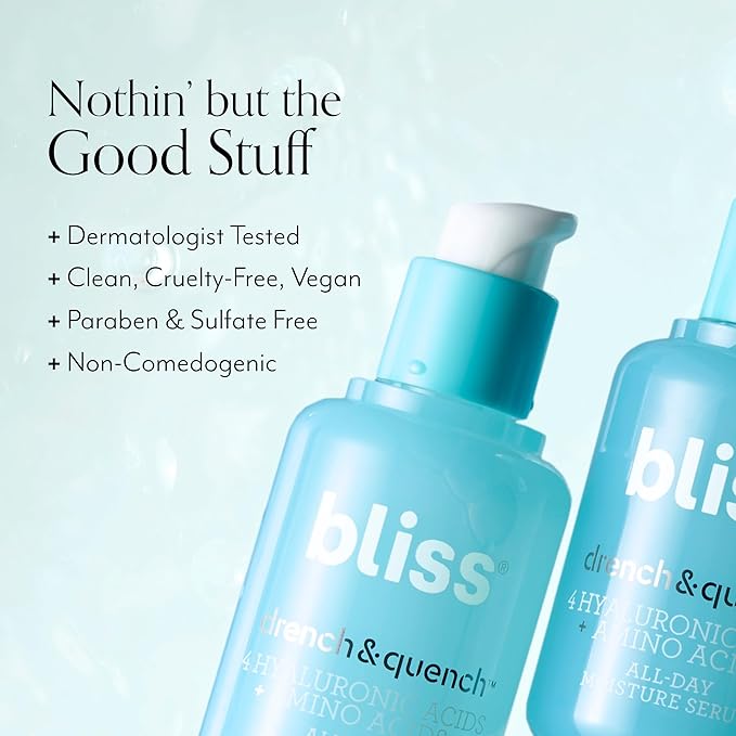 Bliss Drench & Quench Hyaluronic Acid Serum with Amino Acids | Multi-Layer Moisture & Plumping | Lightweight Water-Based Formula | For All Skin Types | Clean, Vegan, Cruelty-Free | 1 Fl Oz