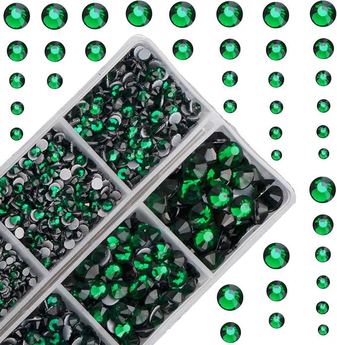 10000Pcs 2-Boxes Mixed Size Hot Fix Round Crystals Gems Glass Stones Hotfix Flat Back Rhinestones with Tweezers and Picking Pencil (Emerald)