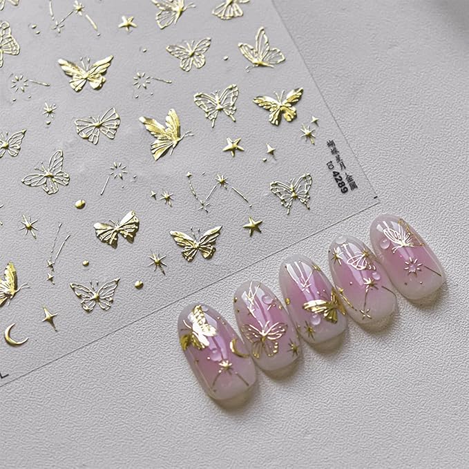 1 Sheets Gold Butterfly Nail Art Stickers 5D Self Adhesive Embossed Star Nail Stickers for Nail Art Gold Moon Stars Butterflies Nail Decals Nails Design Supplies for Women Girl DIY Manicure Decor