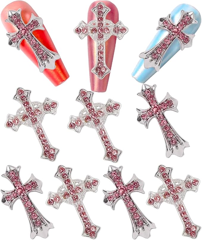 10Pcs Metal Crystal Cross Nail Charms, Pink Rhinestones Nail Decorations for DIY Designs, Large, Zestico-LJJ-A1206