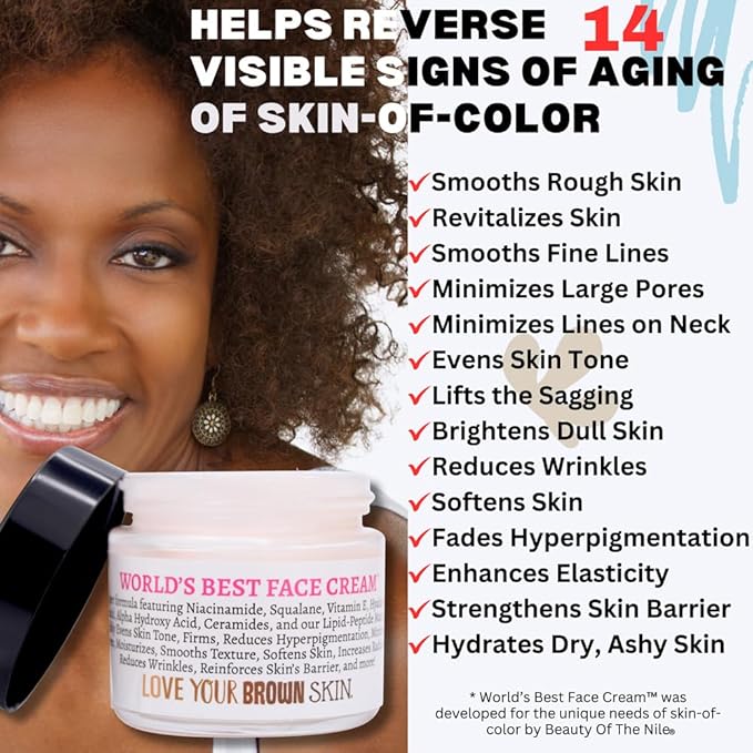 World’s Best Face Cream™ for Skin-of-Color, Anti Aging Reverse Signs of Aging Hydrates Niacinamide Squalane Hyaluronic Acid, 2 oz