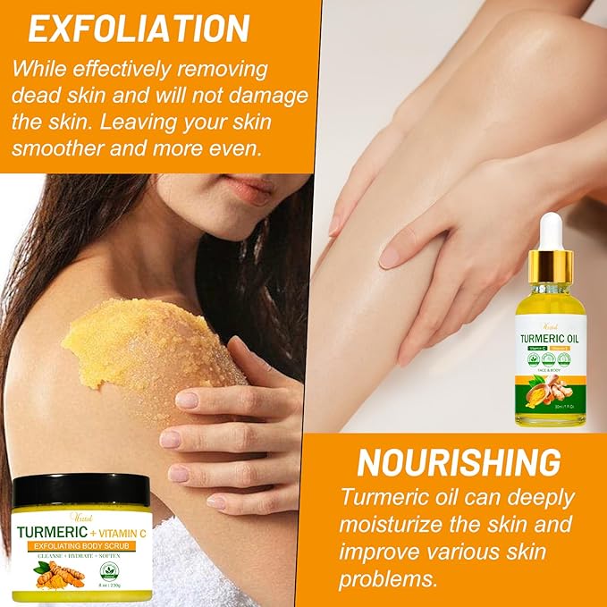 Turmeric Body Scrub Tumeric Oil Set, Natural Soothing Remove Dead Skin For Body, Face, Hand, Foot, Skincare Bikini Private Area, Smooth Hydrating Exfoliating Scrub Suitable for All Skin Types