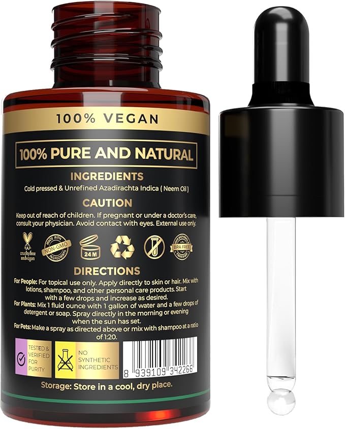 100% Pure and Natural Cold Pressed Neem Oil | Skin & Hair Care & Soap Making | Multi-Purpose Moisturizing and Hydrating Carrier Oil