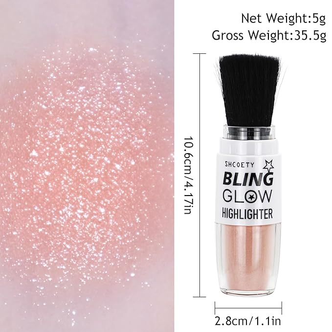 Glitter Powder Highlighter Makeup, Fairy Highlight Shimmer Body Glitter Brush Powder Brightens the Natural 3D Face Patting Powder Blusher for Brighten Face Body Lips Makeup Kit(06# Gold)