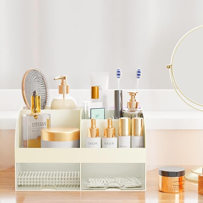 Makeup Organizer with Drawers, Cosmetic Storage for Dresser Vanity and Bathroom Countertop, Beauty Holder for Lipstick Brush, Skincare Organizer for Vanity, Cosmetic Display Case (Ivory)