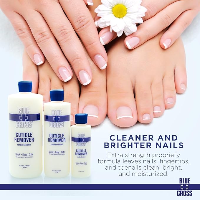 Blue Cross Cuticle Remover Liquid, Cuticle Softener for Nails, Professional Nail Care with Lanolin for Brittle Hang Nails, Hydrating, Moisturizing, Dry Cuticles, Made in USA, 32oz
