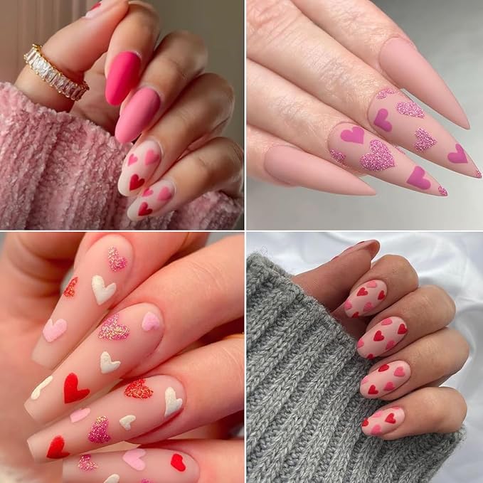 10 Sheets Heart Nail Stickers - 3D Self-Adhesive Glitter Colorful Valentine's Day Nail Decals - DIY Decoration for Women & Girls